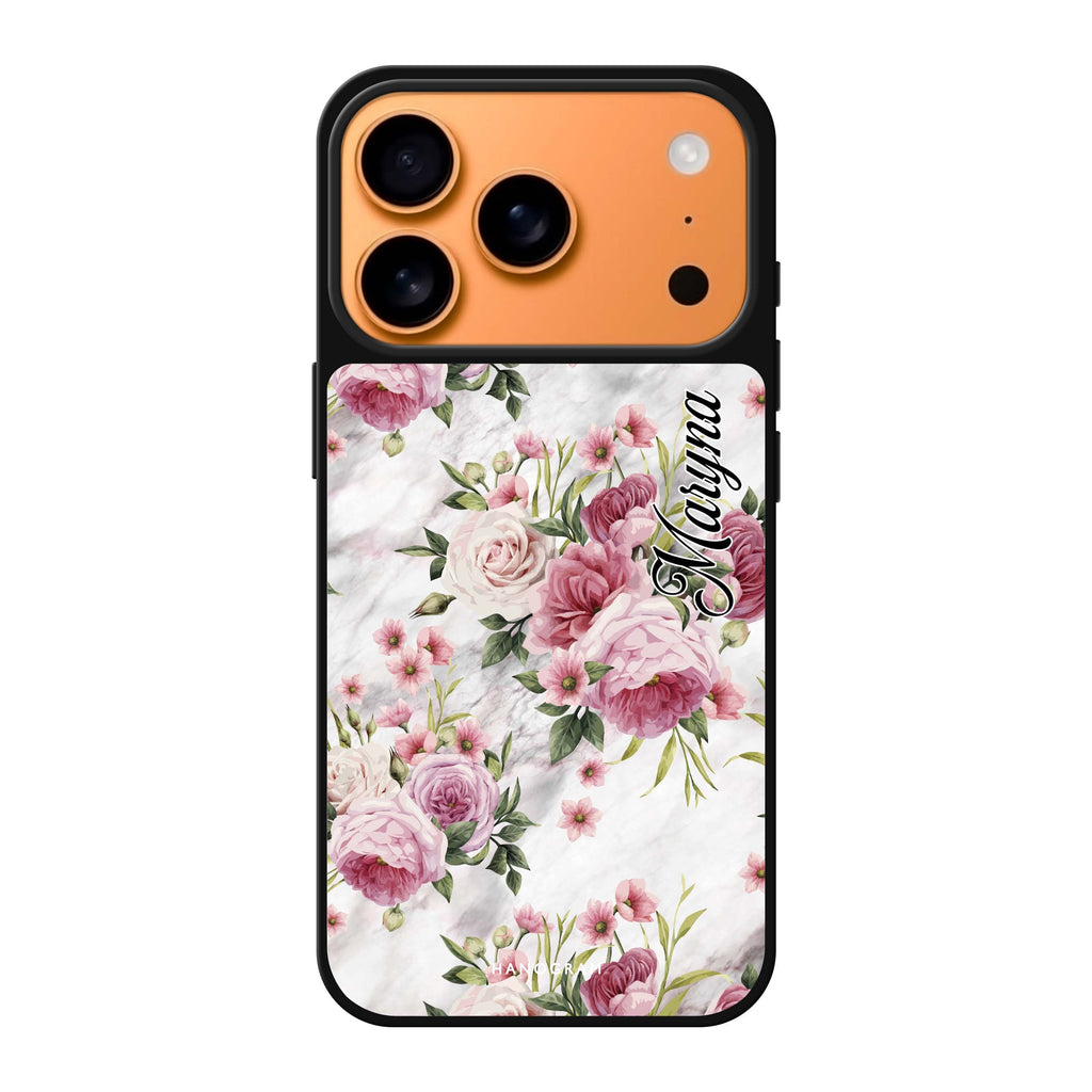 Marble and Pink Floral 粉紅色花卉 iPhone 17 Pro Max 鏡面手機殼主圖