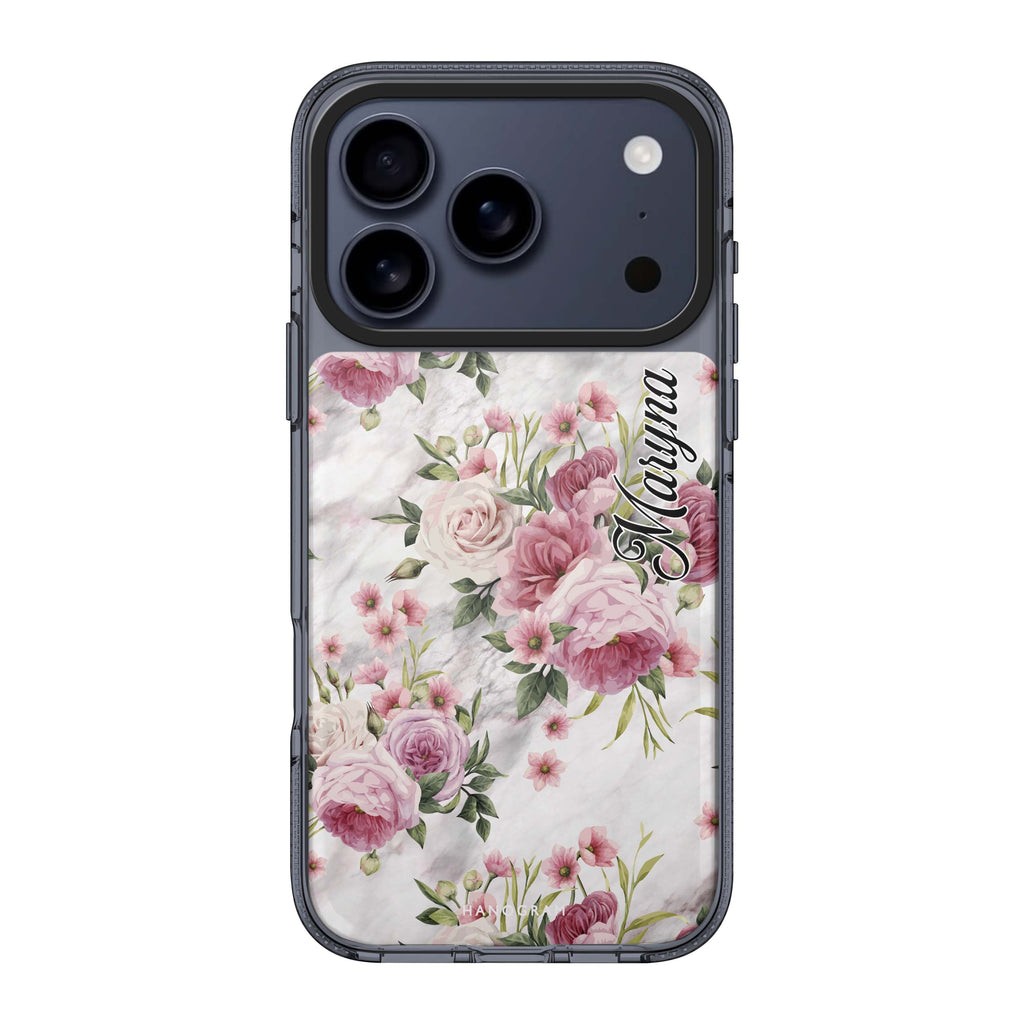 Marble and Pink Floral iPhone 17 Pro Max MagSafe 水晶透明保護殼 花卉圖案設計 可自訂名字 圖1