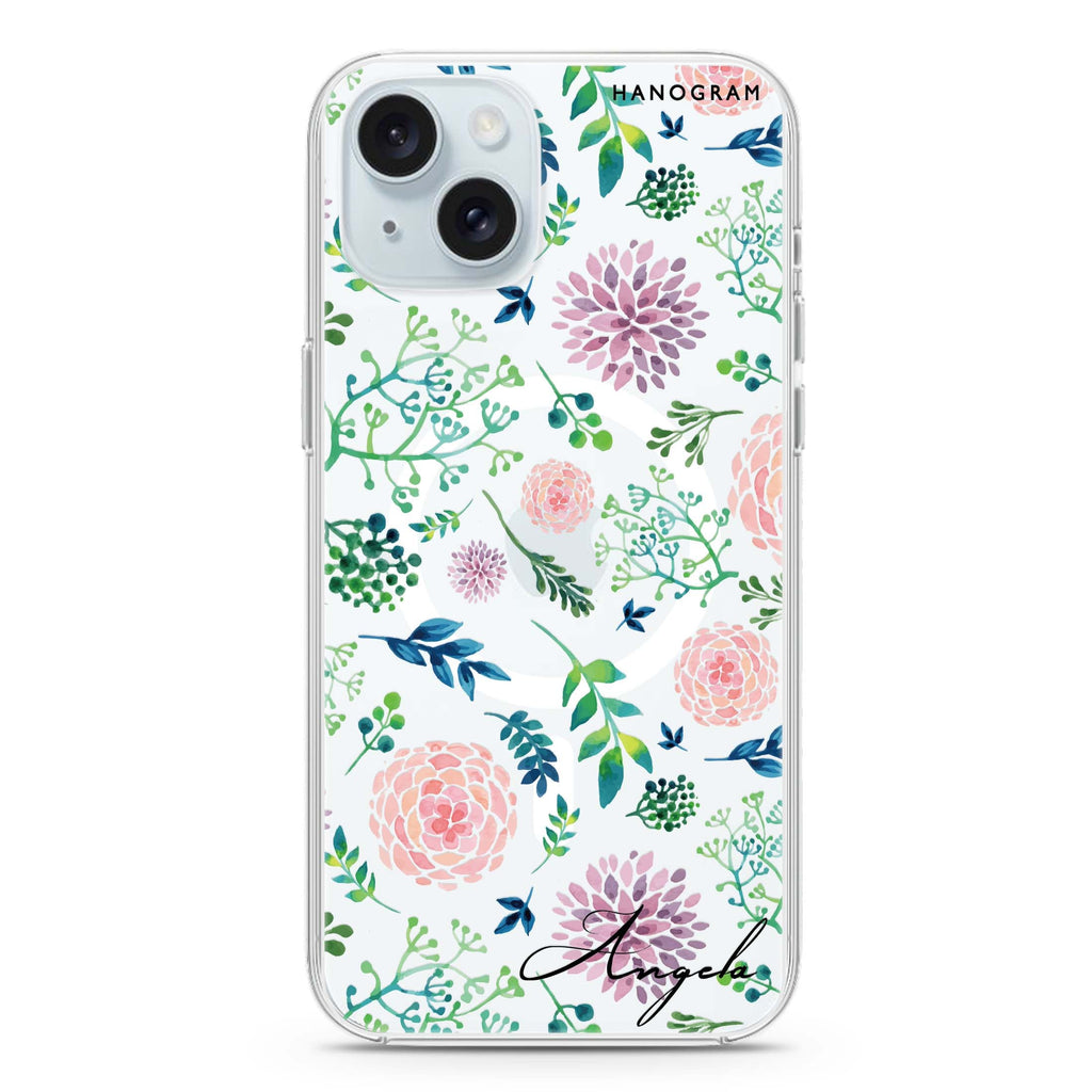 Paint Flower iPhone 15 Plus Magsafe 兼容水晶透明保護殼