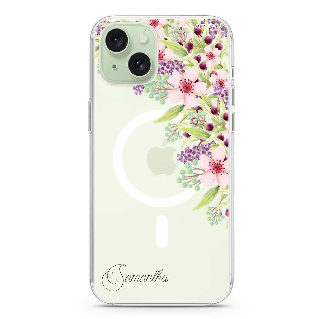 Pink Flowers iPhone 15 Plus Magsafe 兼容水晶透明保護殼