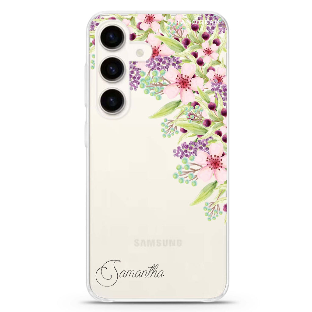 Pink Flowers Samsung Galaxy S26/S25/S24 可加名字水晶透明保護殼正面展示