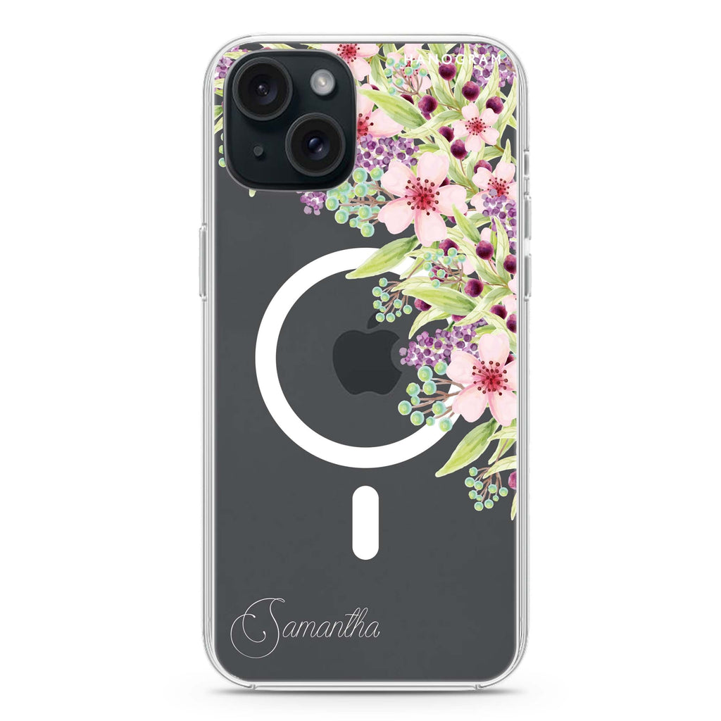 Pink Flowers iPhone 15 Magsafe 兼容水晶透明保護殼