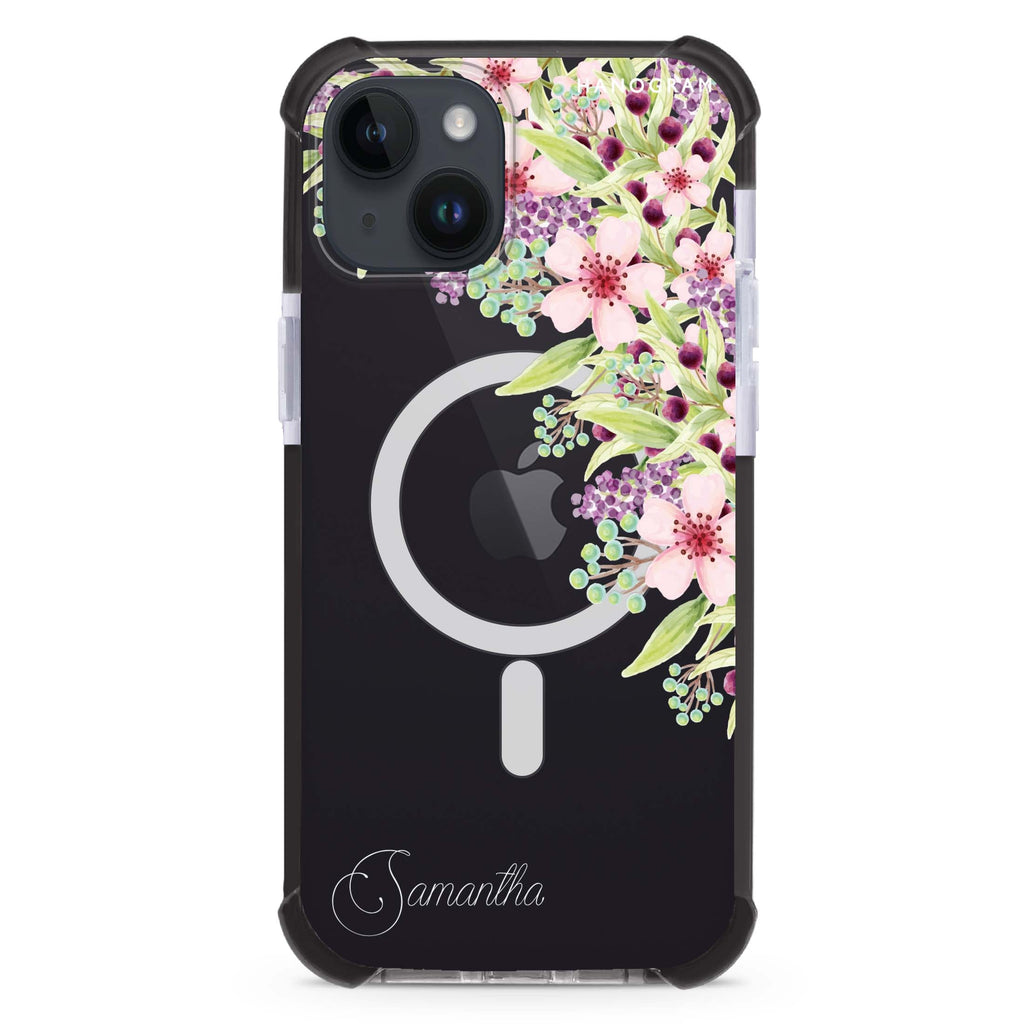 Pink Flowers iPhone 15 Plus Magsafe 兼容超強防摔保護殼