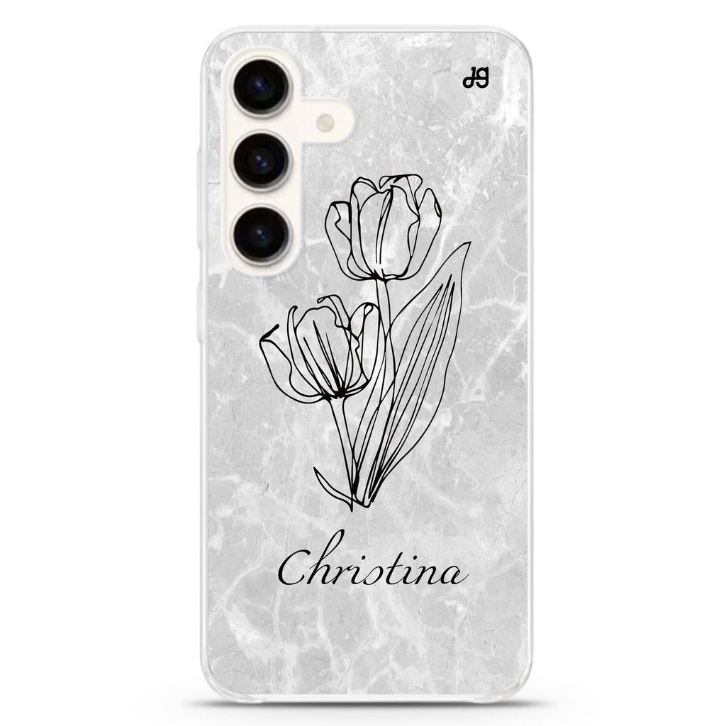Marble And Exquisite Flowers Samsung Galaxy S26/S25/S24 可加名字水晶透明保護殼正面展示