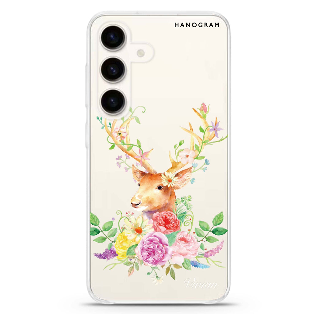 Floral & Deer Samsung Galaxy S26/S25/S24 可加名字水晶透明保護殼正面展示