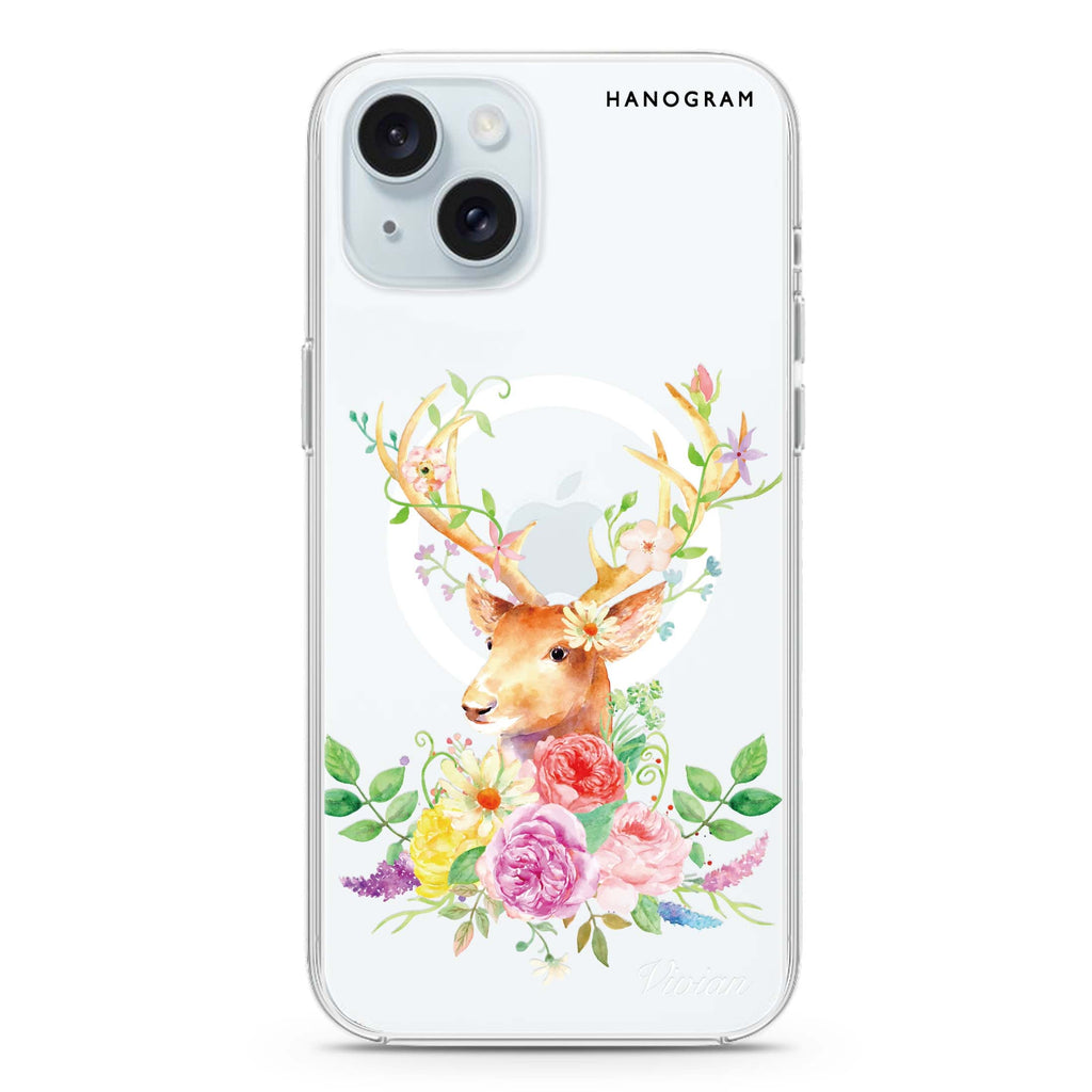 Floral & Deer iPhone 15 Magsafe 兼容水晶透明保護殼
