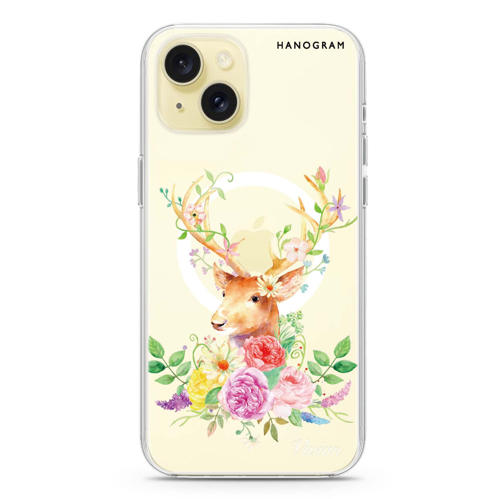 Floral & Deer iPhone 15 Plus Magsafe 兼容水晶透明保護殼