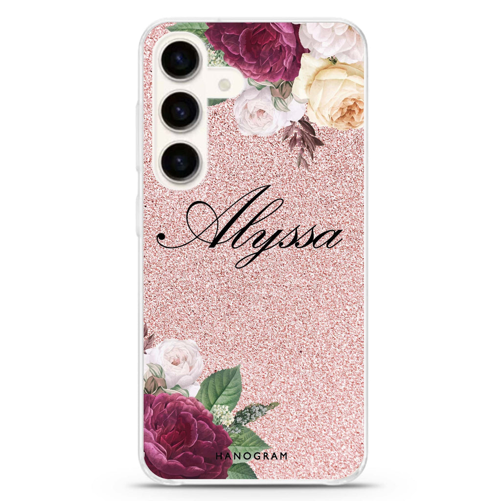 Glittering Floral Samsung Galaxy S26/S25/S24 可加名字水晶透明保護殼正面展示