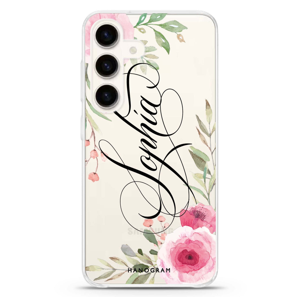 Flowers Fantasy Samsung Galaxy S26/S25/S24 可加名字水晶透明保護殼正面展示