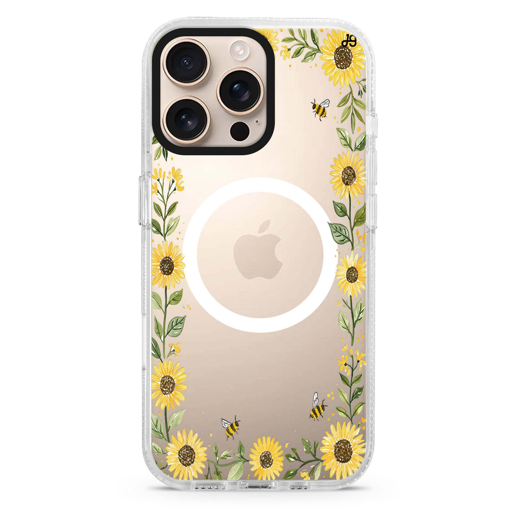 Honeybee Sunflower Border Magsafe 兼容水晶透明保護殼