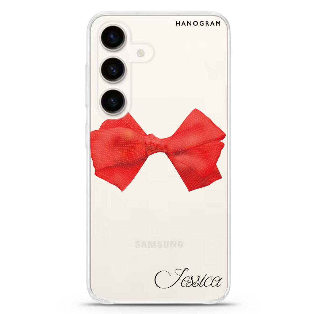 Red Bow Samsung Galaxy S26/S25/S24 可加名字水晶透明保護殼正面展示