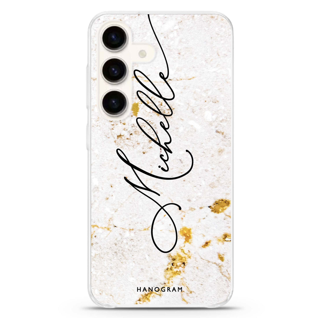 White And Gold Marble Samsung Galaxy S26/S25/S24 可加名字水晶透明保護殼正面展示