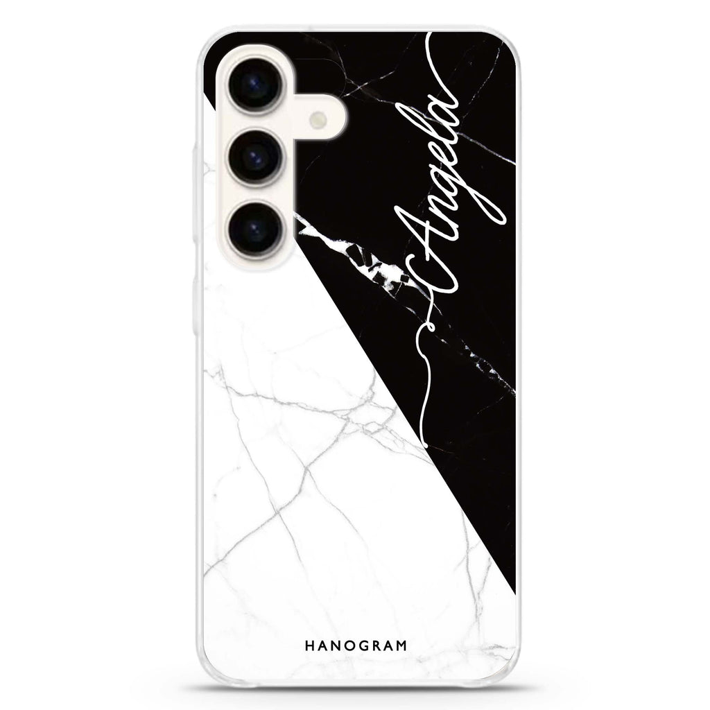 Black And White Marble Samsung Galaxy S26/S25/S24 可加名字水晶透明保護殼正面展示