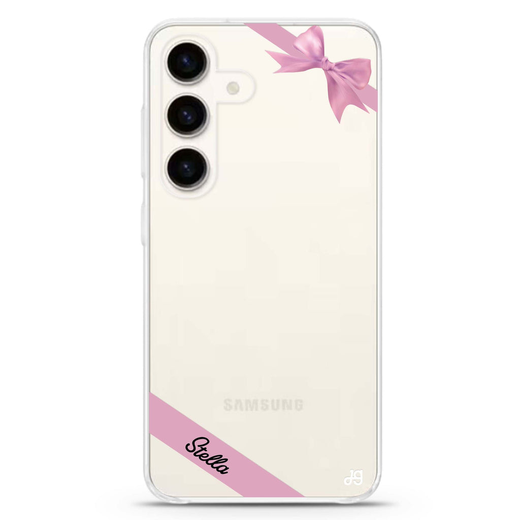Pink Bow Samsung Galaxy S26/S25/S24 可加名字水晶透明保護殼正面展示
