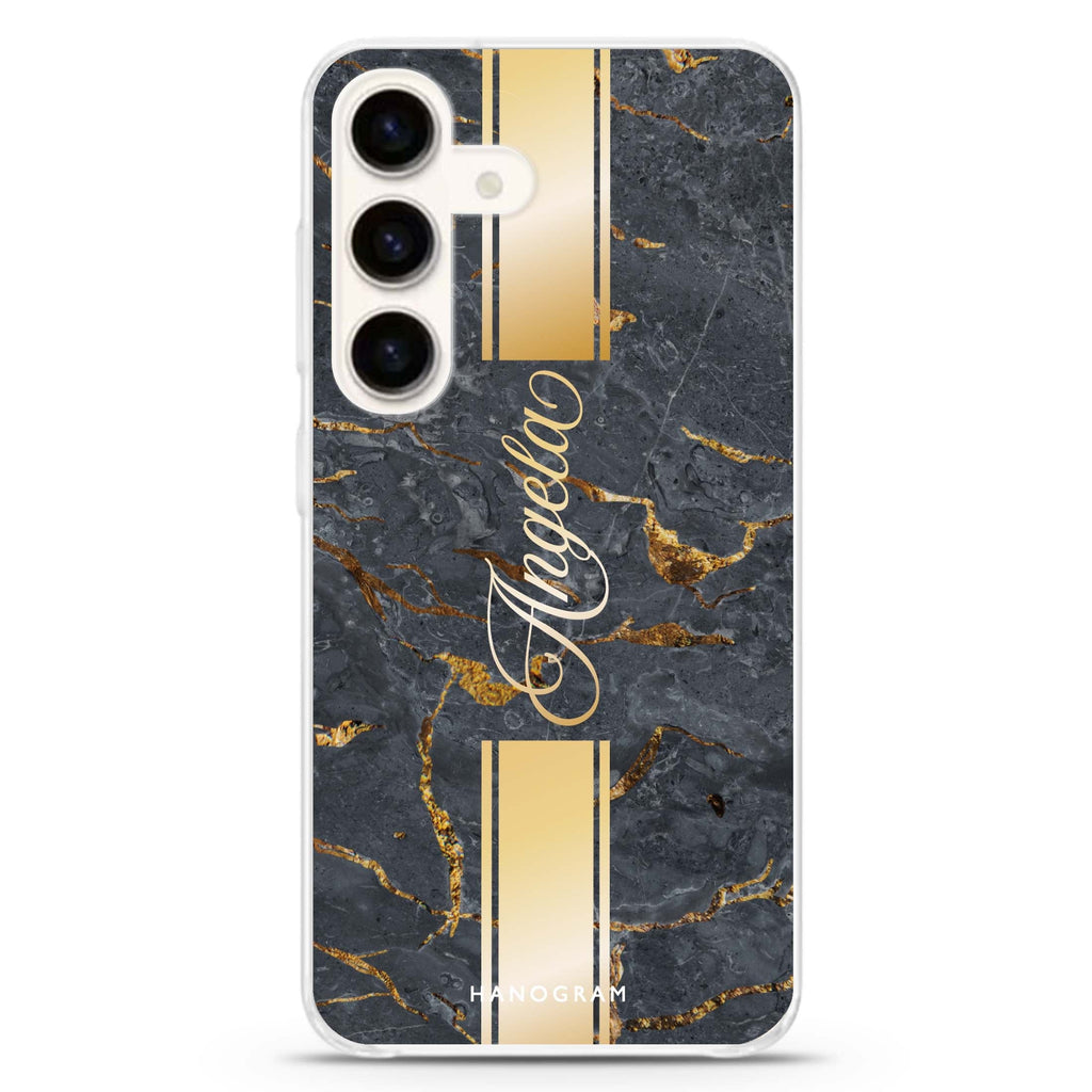 Luxury Gold Marble Samsung Galaxy S26/S25/S24 可加名字水晶透明保護殼正面展示