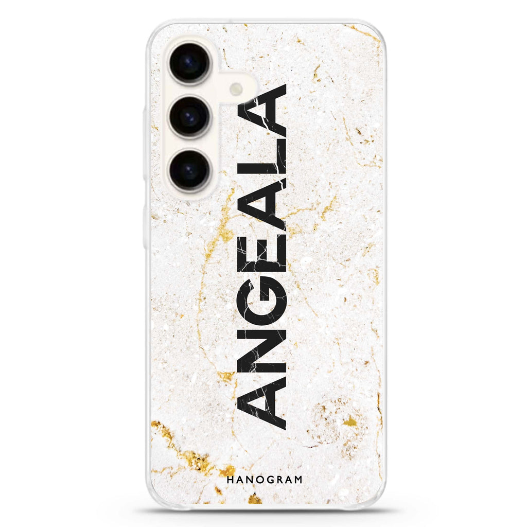 White Marble Samsung Galaxy S26/S25/S24 可加名字水晶透明保護殼正面展示