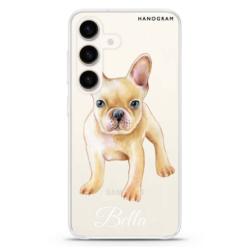 Cute Dog Samsung Galaxy S26/S25/S24 可加名字水晶透明保護殼正面展示