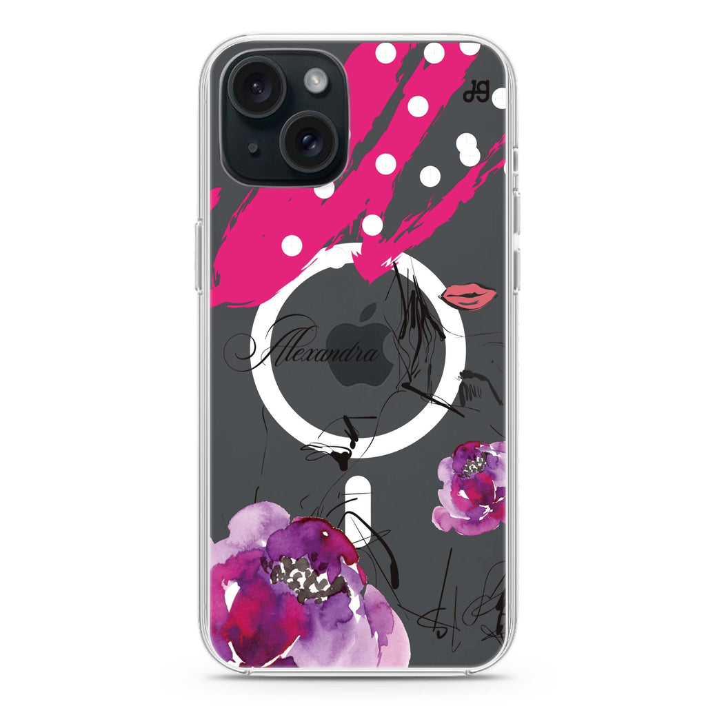 Floral Makeup iPhone 15 Magsafe 兼容水晶透明保護殼