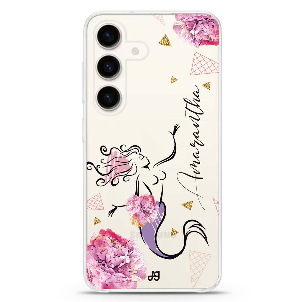 Mermaid With Flower Samsung Galaxy S26/S25/S24 可加名字水晶透明保護殼正面展示