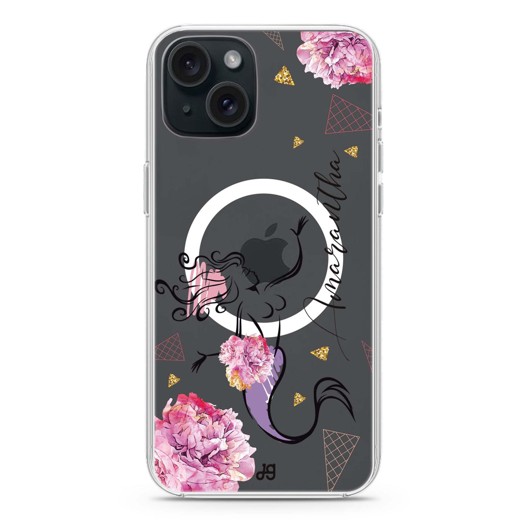 Mermaid With Flower iPhone 15 Magsafe 兼容水晶透明保護殼