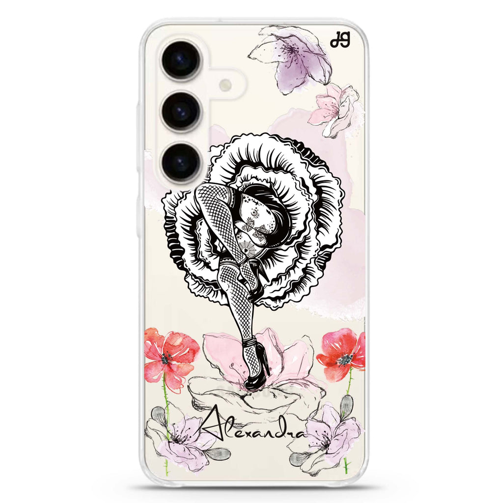 Dancing Flora Samsung Galaxy S26/S25/S24 可加名字水晶透明保護殼正面展示