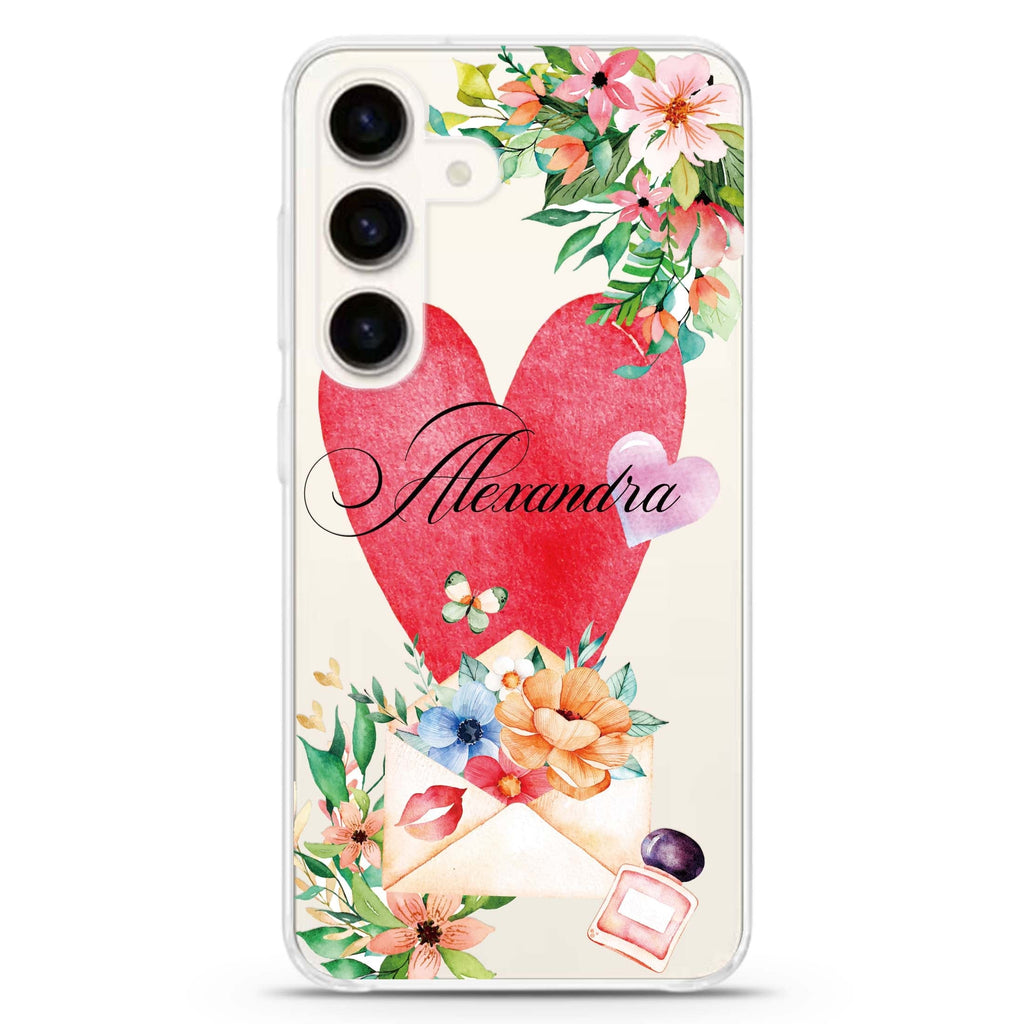 Floral Love Letter Samsung Galaxy S26/S25/S24 可加名字水晶透明保護殼正面展示
