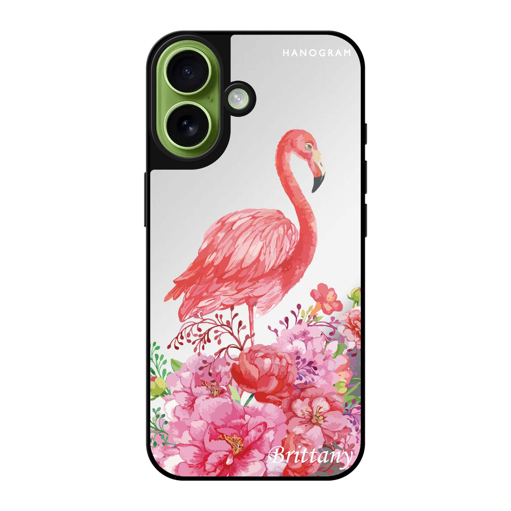 Reflective iPhone 16 Mirror Case –Flamingo & Flower Design