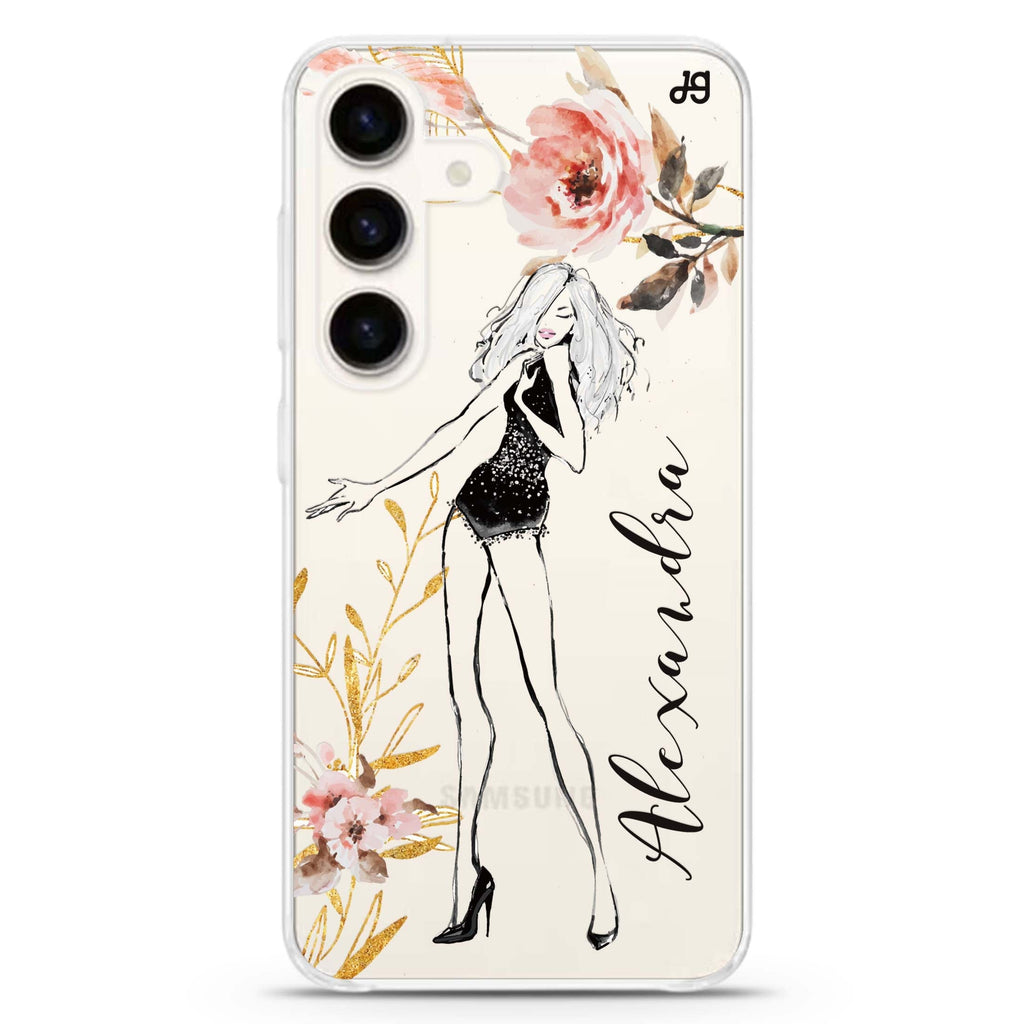 Flower Fashion V Cat Samsung Galaxy S26/S25/S24 可加名字水晶透明保護殼正面展示