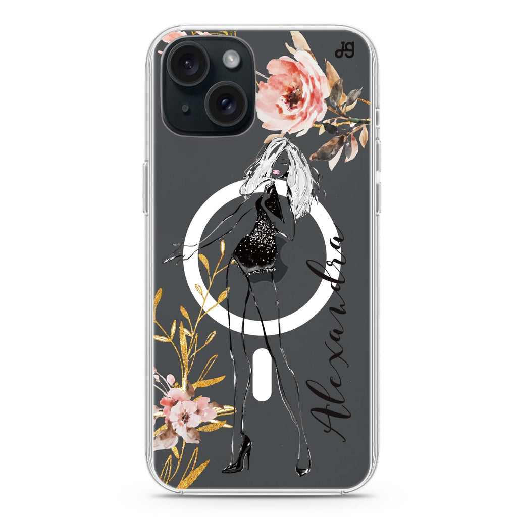 Flower Fashion V Cat iPhone 15 Magsafe 兼容水晶透明保護殼