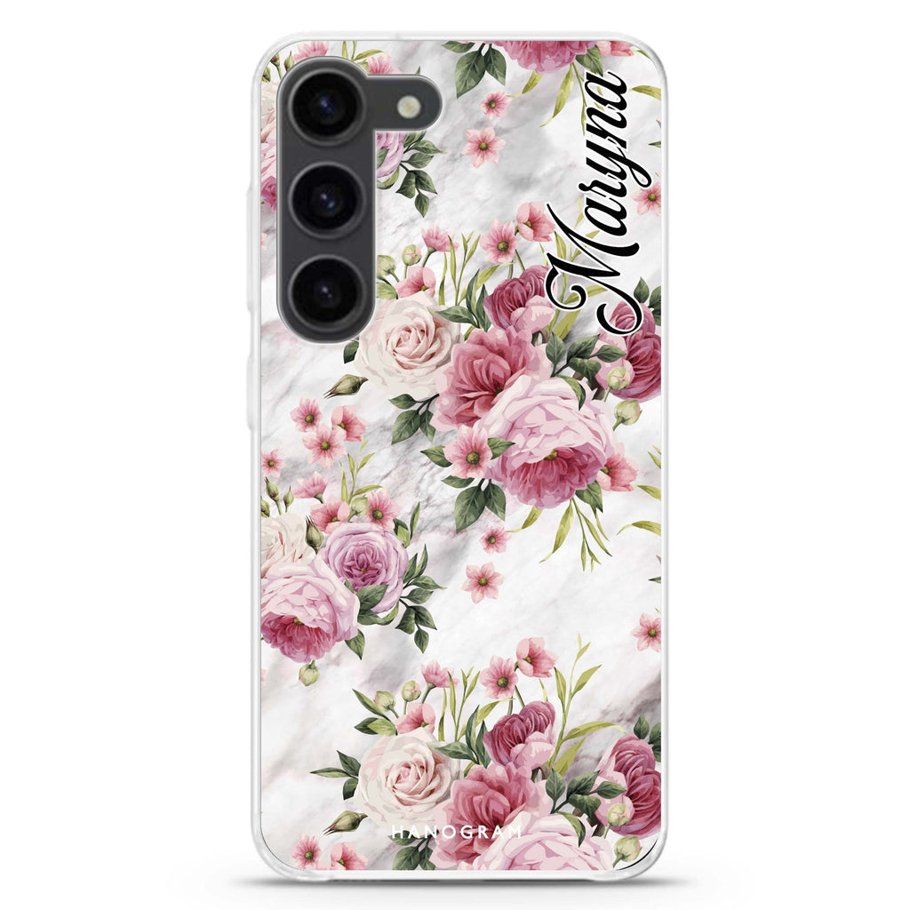 Marble and Pink Floral Samsung Galaxy 水晶透明保護殼