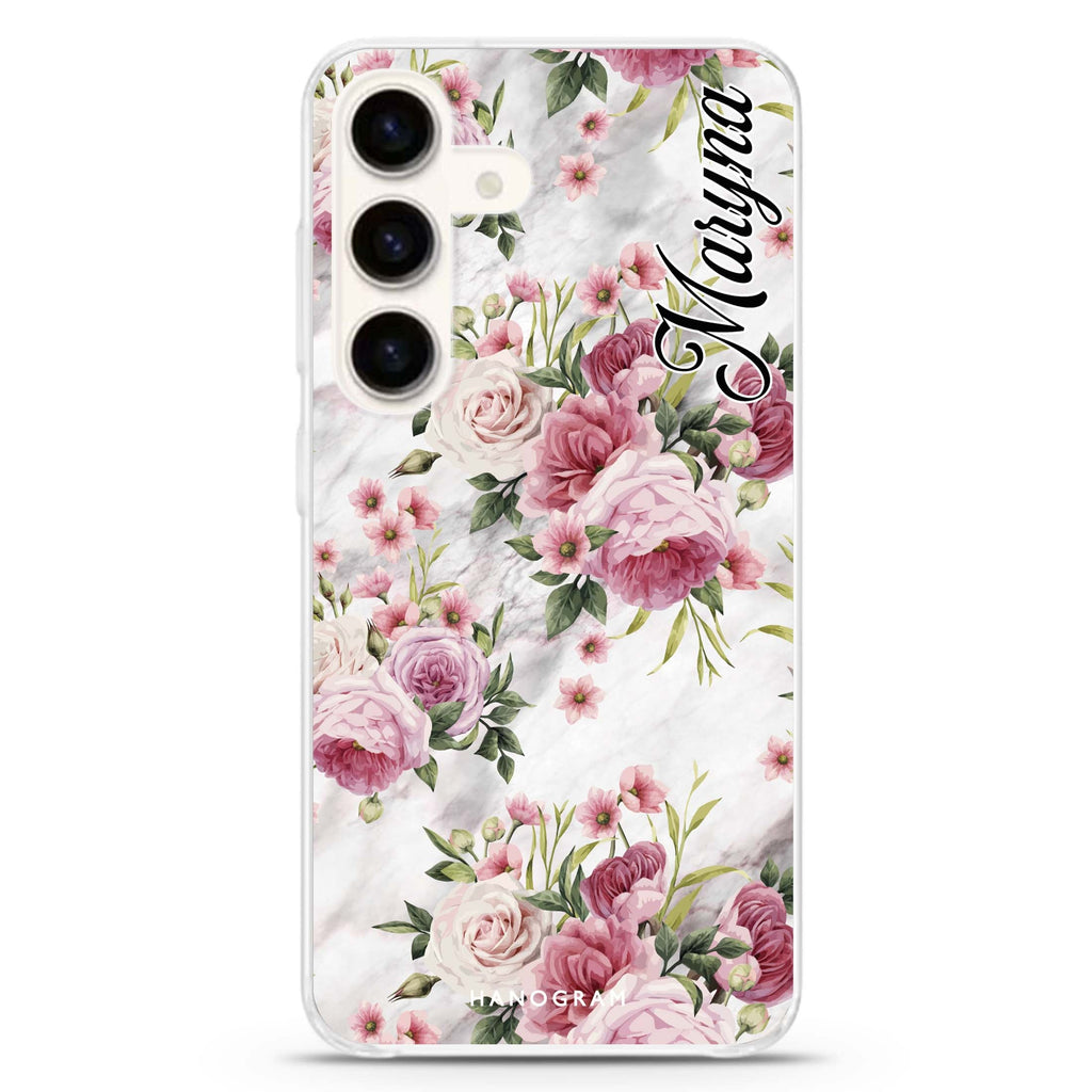 Marble and Pink Floral Samsung Galaxy S26/S25/S24 可加名字水晶透明保護殼正面展示