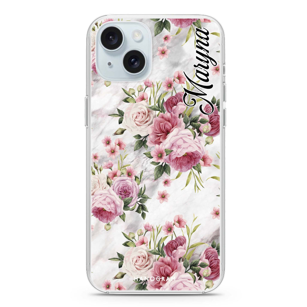 Marble and Pink Floral iPhone 15 水晶透明保護殼
