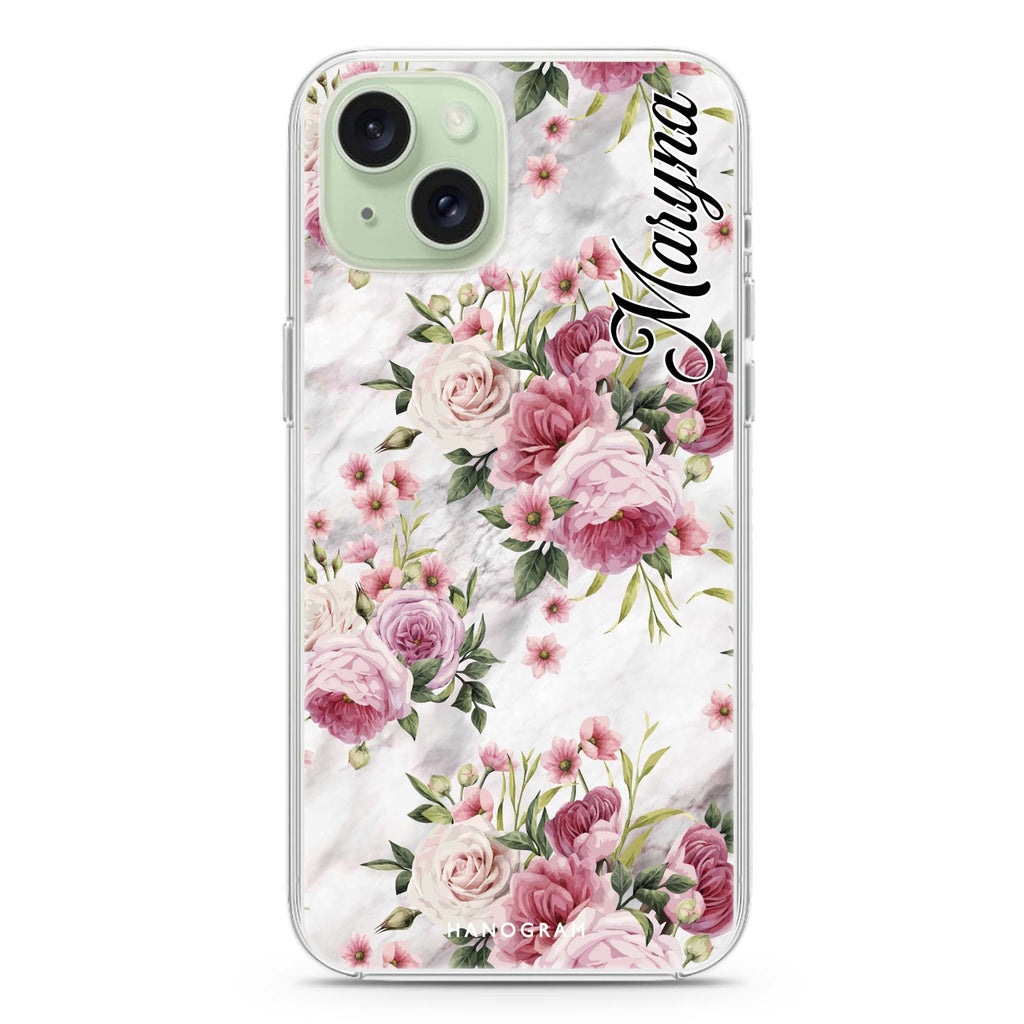 Marble and Pink Floral iPhone 15 Plus Magsafe 兼容水晶透明保護殼