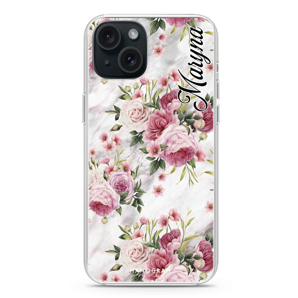 Marble and Pink Floral iPhone 15 plus 水晶透明保護殼