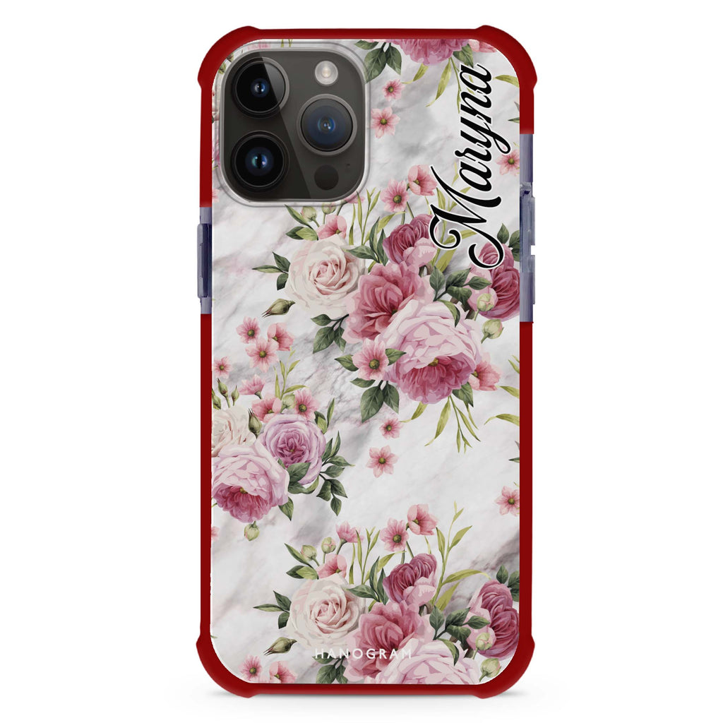 Marble and Pink Floral iPhone Magsafe 兼容超強防摔保護殼