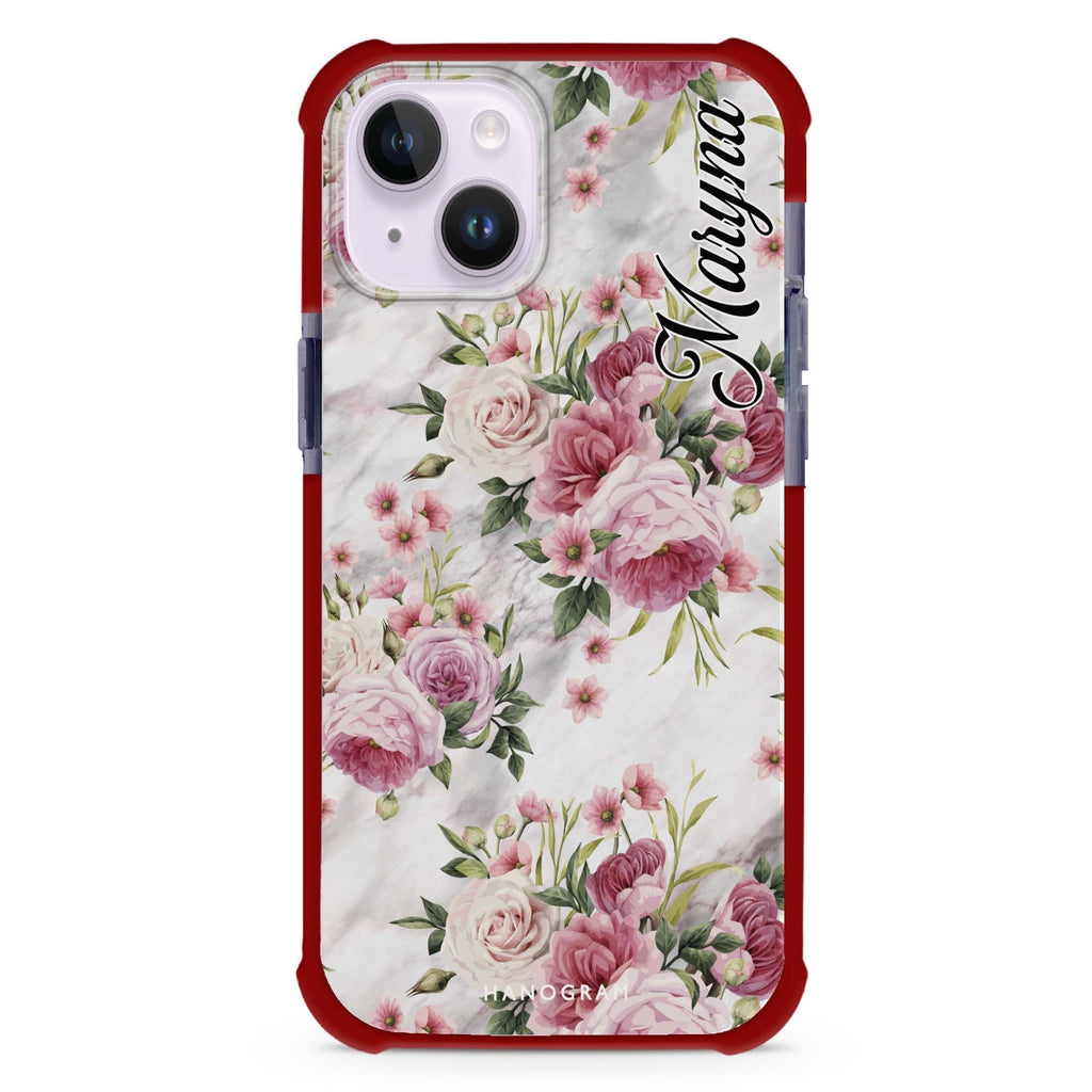 Marble and Pink Floral iPhone 15 Plus Magsafe 兼容超強防摔保護殼