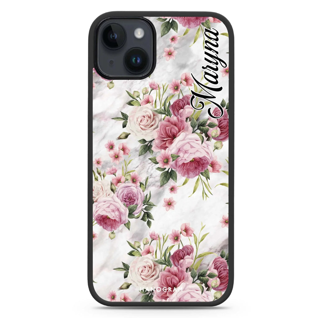 Marble and Pink Floral iPhone 15 Plus 防衝擊保護殼