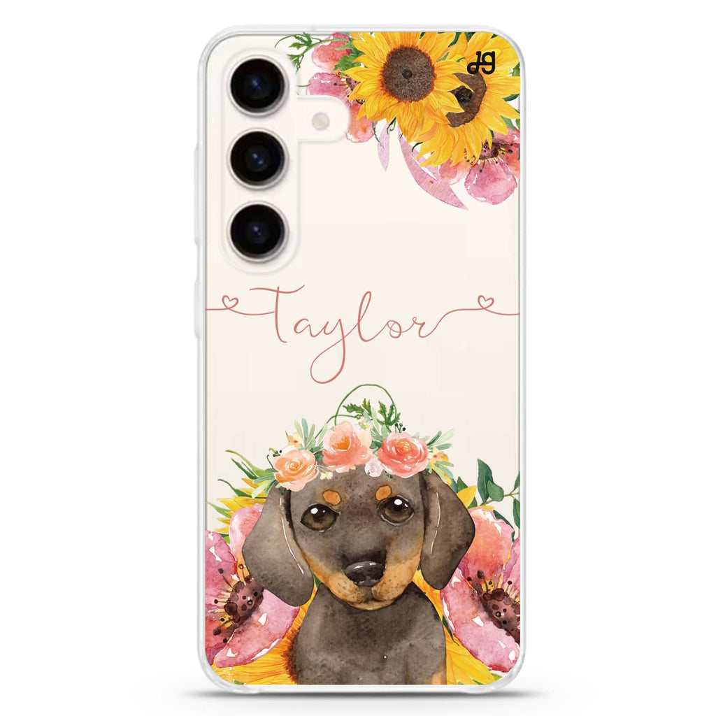 Sunflower Puppy Samsung Galaxy S26/S25/S24 可加名字水晶透明保護殼正面展示
