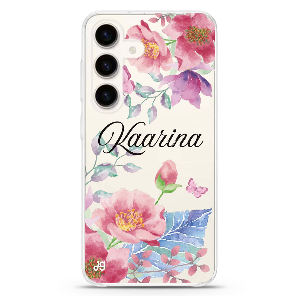 Butterfly Garden Samsung Galaxy S26/S25/S24 可加名字水晶透明保護殼正面展示