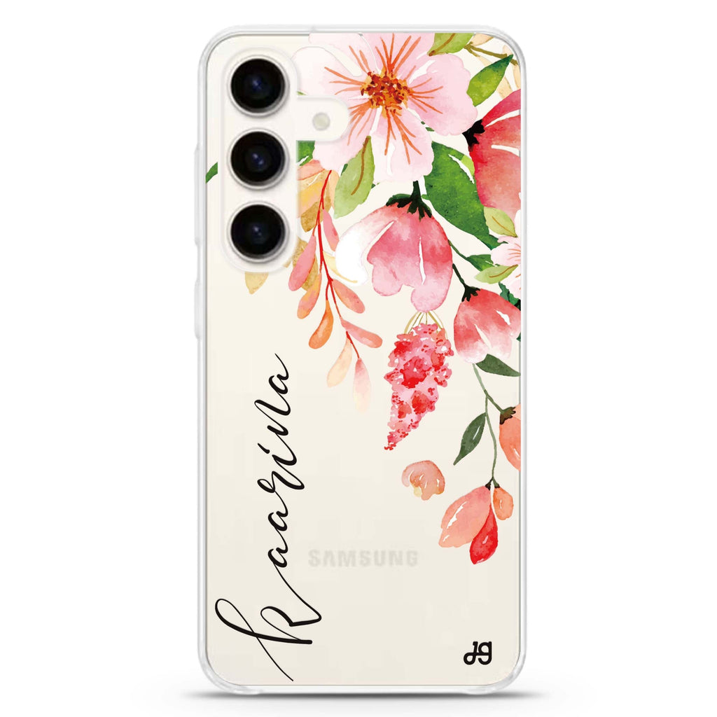 Watercolor Blossom Samsung Galaxy S26/S25/S24 可加名字水晶透明保護殼正面展示
