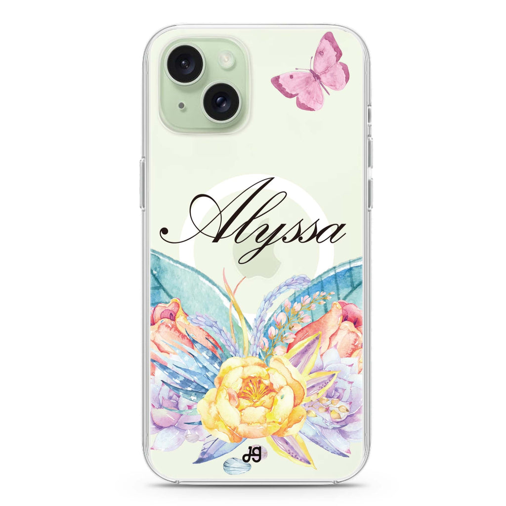 Butterfly and Abloom Rose iPhone 15 Magsafe 兼容水晶透明保護殼