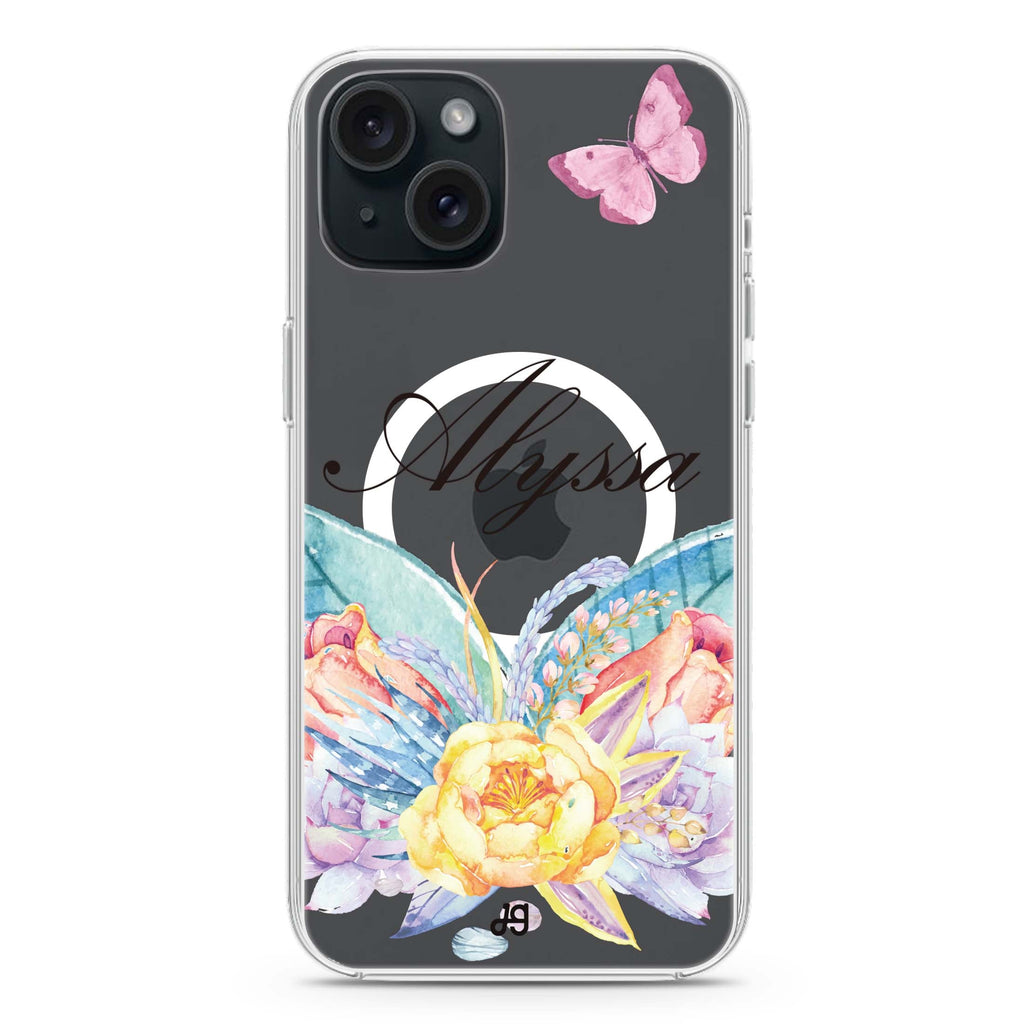 Butterfly and Abloom Rose iPhone 15 Plus Magsafe 兼容水晶透明保護殼