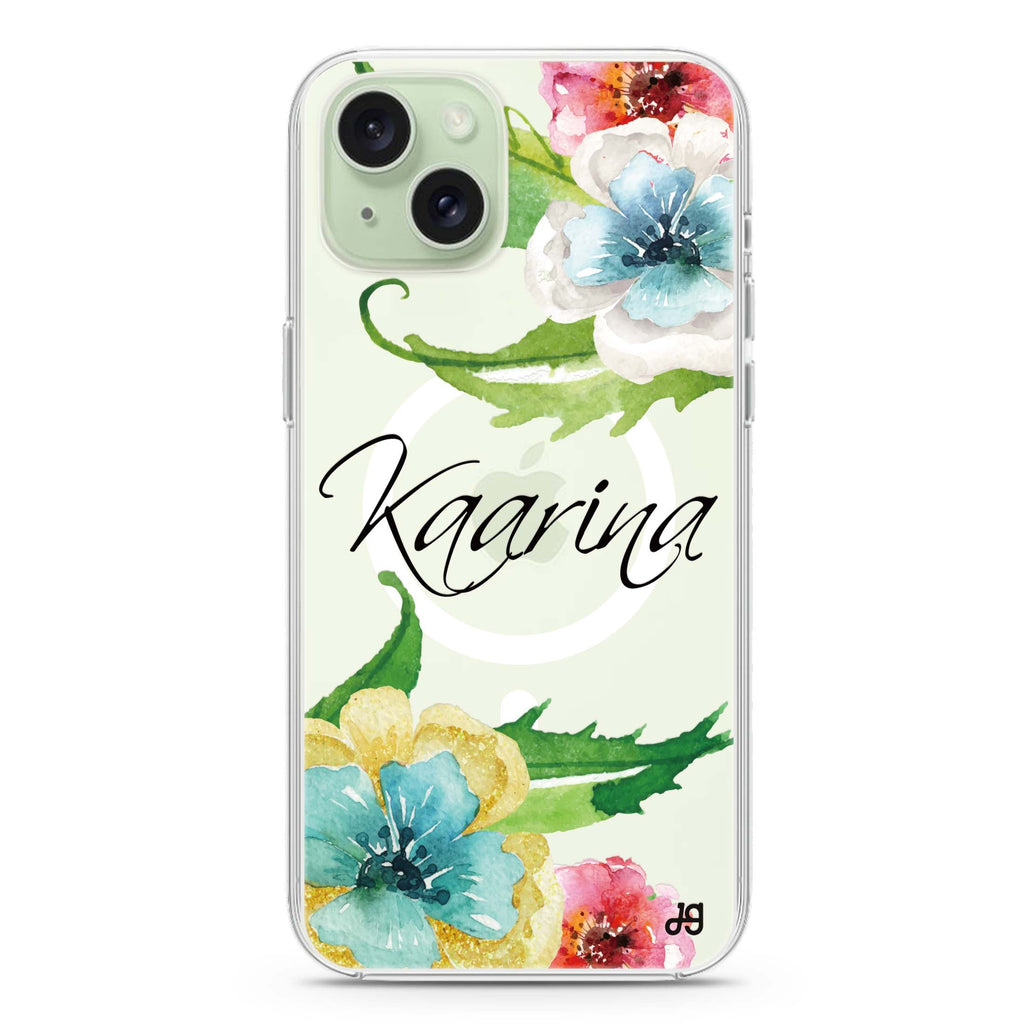 Golden and White Anemones iPhone 15 Plus Magsafe 兼容水晶透明保護殼