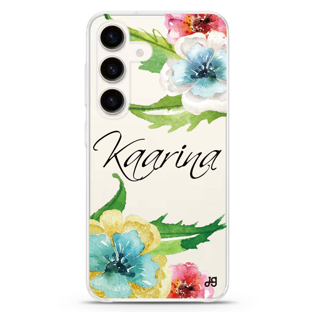 Golden and White Anemones Samsung Galaxy S26/S25/S24 可加名字水晶透明保護殼正面展示
