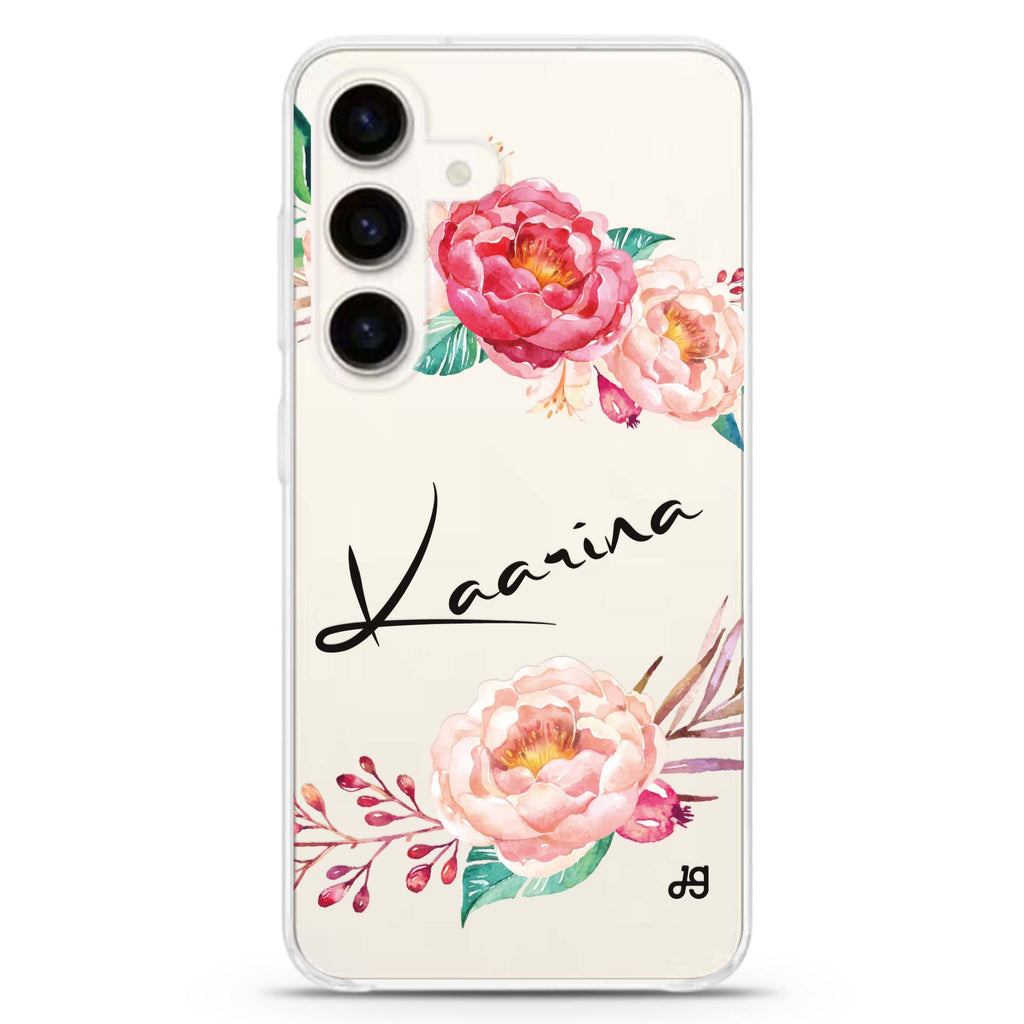 Blossming Rose Samsung Galaxy S26/S25/S24 可加名字水晶透明保護殼正面展示