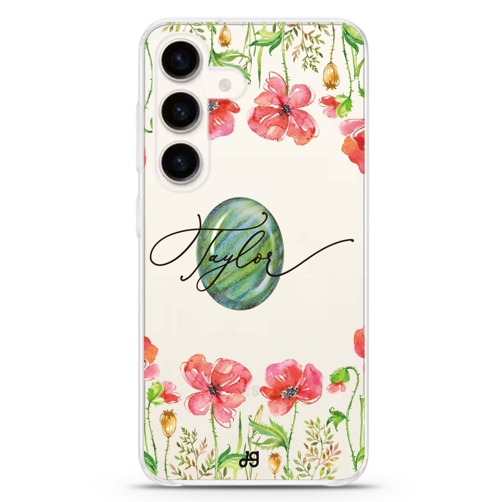 The Greengem Flowers Samsung Galaxy S26/S25/S24 可加名字水晶透明保護殼正面展示