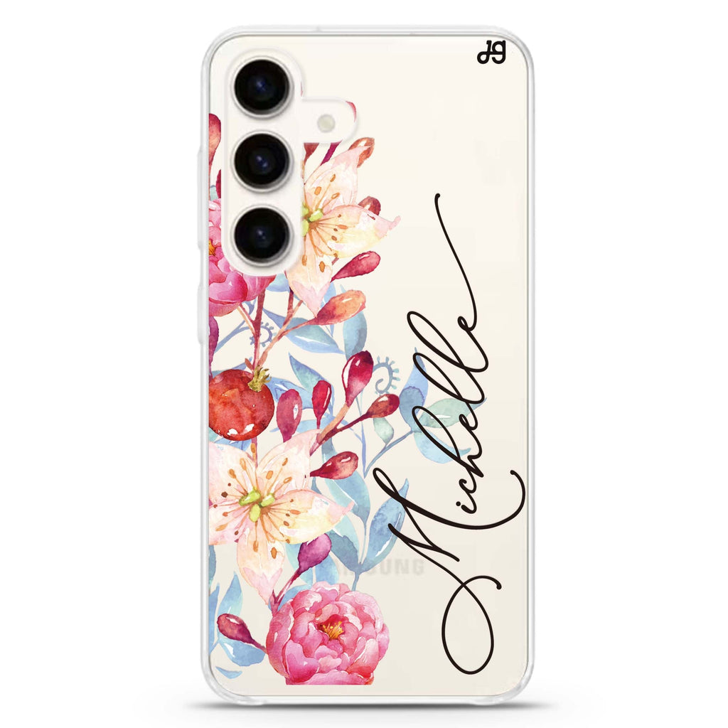 Pink Watercolor Floral Bouquet Samsung Galaxy S26/S25/S24 可加名字水晶透明保護殼正面展示