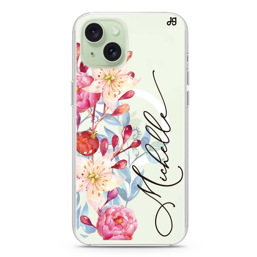 Pink Watercolor Floral Bouquet iPhone 15 Plus Magsafe 兼容水晶透明保護殼