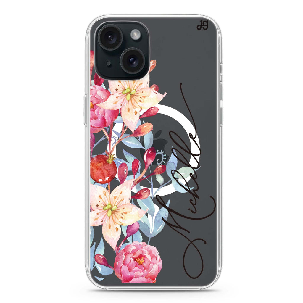 Pink Watercolor Floral Bouquet iPhone 15 Magsafe 兼容水晶透明保護殼