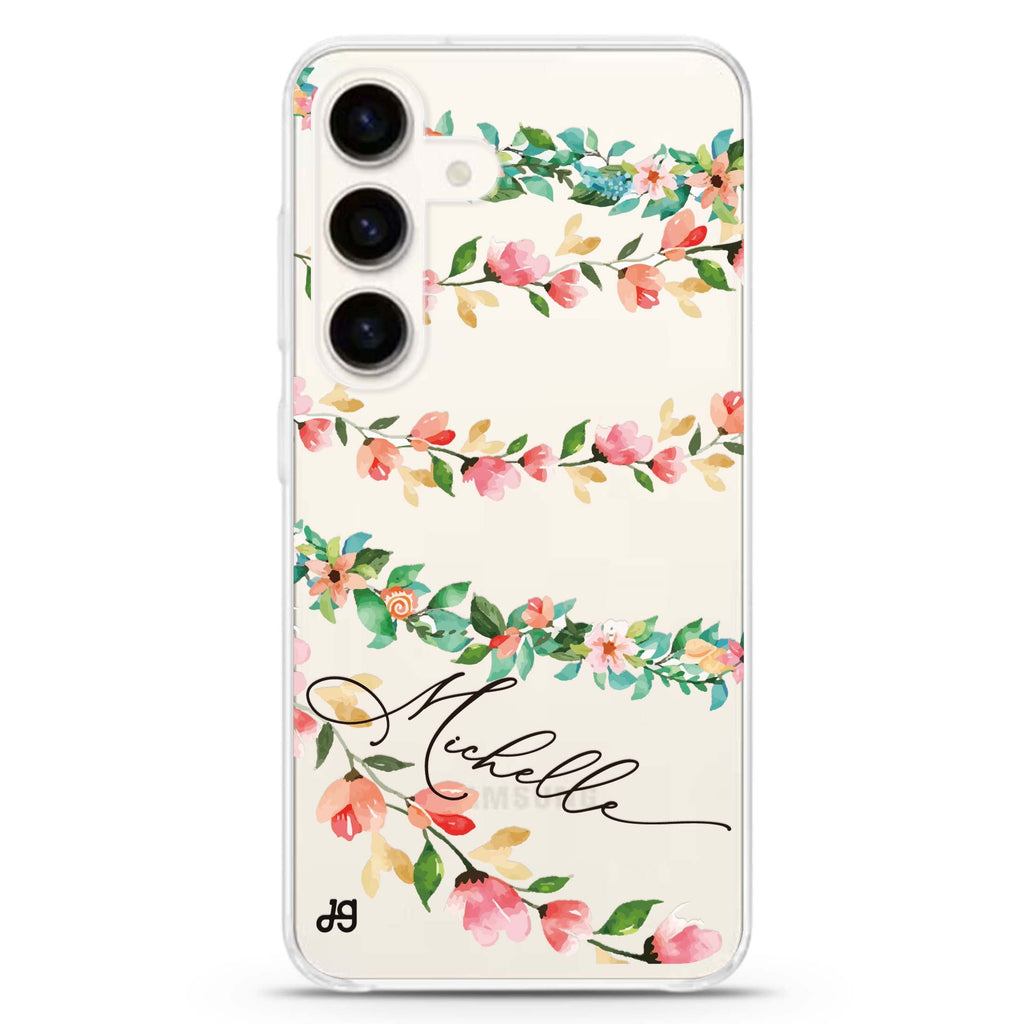 Pink Vine Samsung Galaxy S26/S25/S24 可加名字水晶透明保護殼正面展示